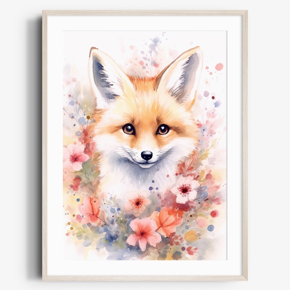 Other - Watercolor Floral Red Fox Portrait Wall Art Illustration Print Poster Unframed